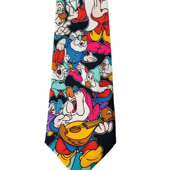 Vintage 80s 100% Silk Disney Snow White's Seven Dwarfs Diamond Tie Balancine NOS - Picture 2 of 5